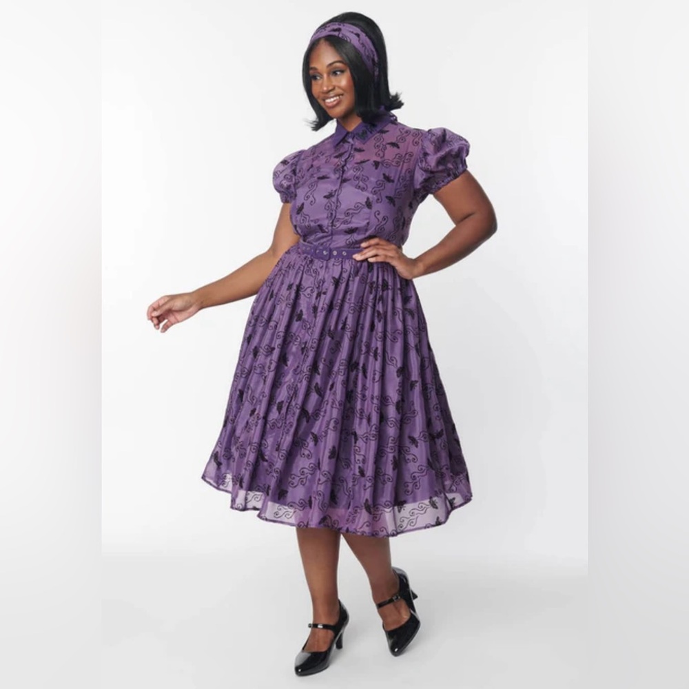 Unique Vintage x Corpse Bride women’s purple embroidered swing dress Sz XS NEW